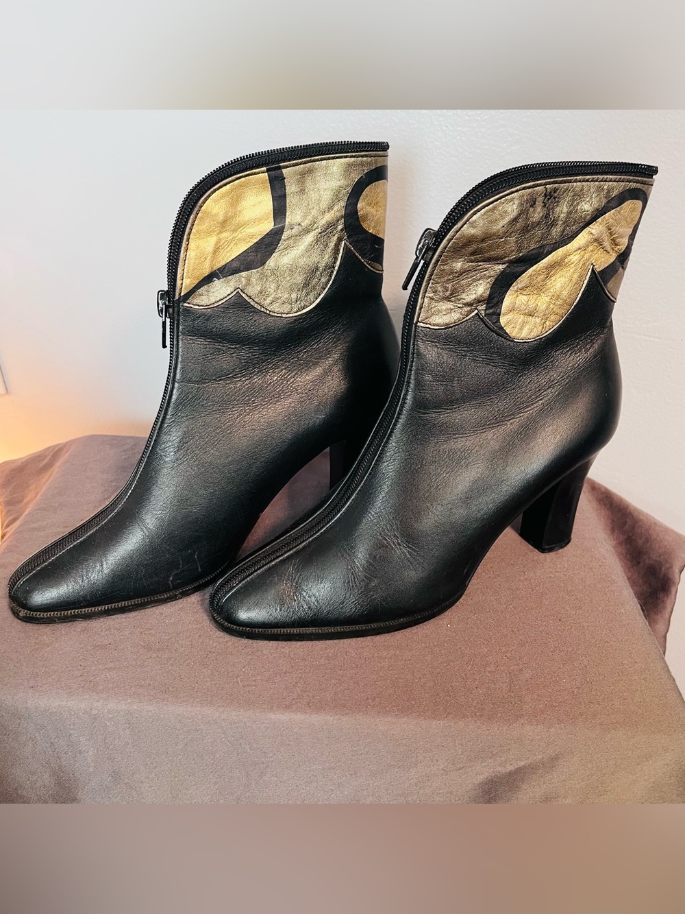 Vintage Black Leather Ankle Boots with Gold Detailing, Sz. 5